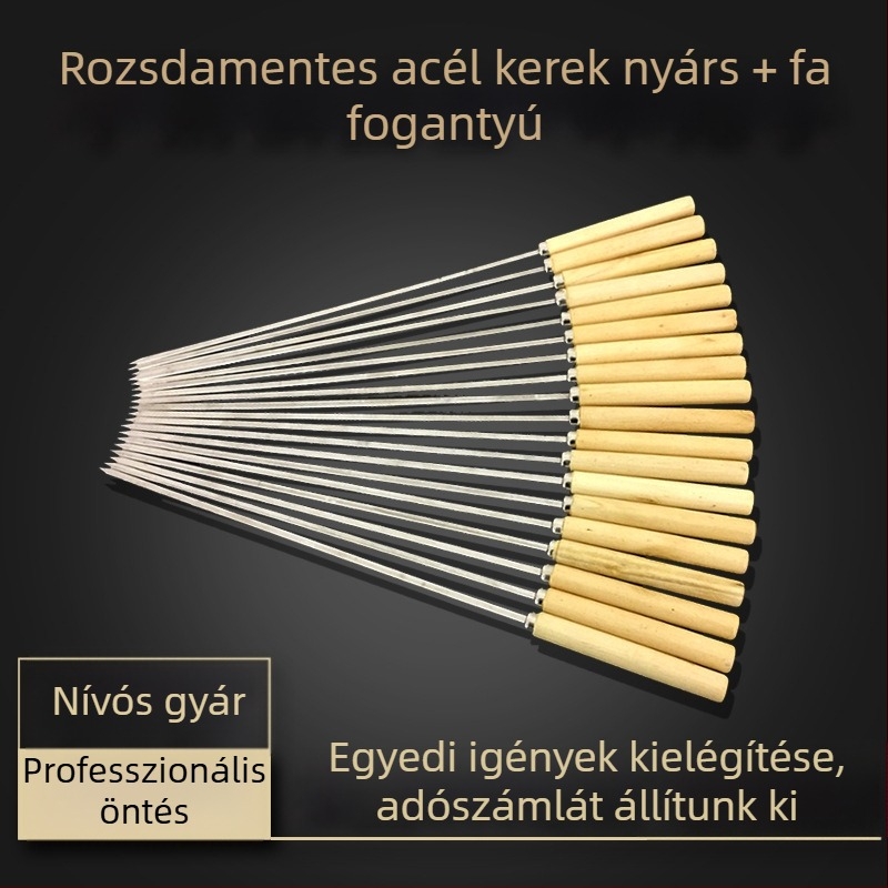 Rozsdamentes acél nyársak fogantyúval grillsütéshez, bárány nyársak és kerek fa nyársak kolbász grillezésére