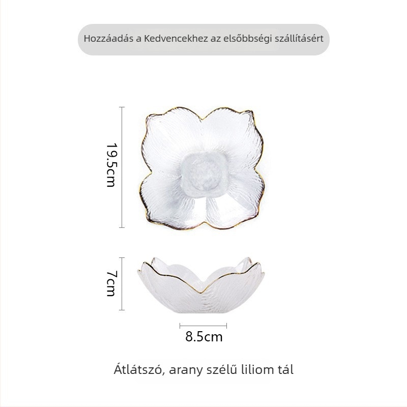 Új üveg tál arany szegéllyel, liliom formájú szirmokkal, halas farok alakú szélekkel, borostyán színű üveg fa mintával, ideális gyümölcsök és saláták tálalására a nappaliban.