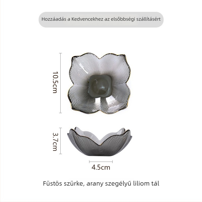 Új üveg tál arany szegéllyel, liliom formájú szirmokkal, halas farok alakú szélekkel, borostyán színű üveg fa mintával, ideális gyümölcsök és saláták tálalására a nappaliban.