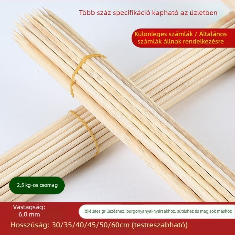 6,0 mm vastag, hosszú grillnyársak, 60 cm hosszú, kézzel készített kerek bambusz nyársak; 40 nagy húsnyárs, 50 burgonyahasáb