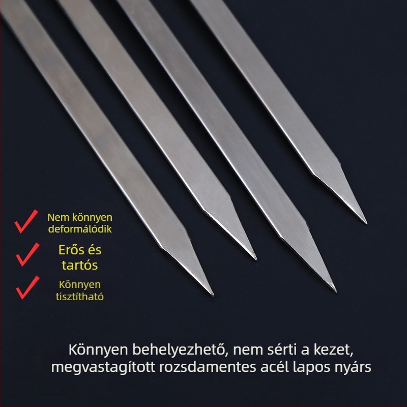 Rozsdamentes acél grillnyársak fával fogantyúval, szélesített vastag lapos tüskék bárányhoz