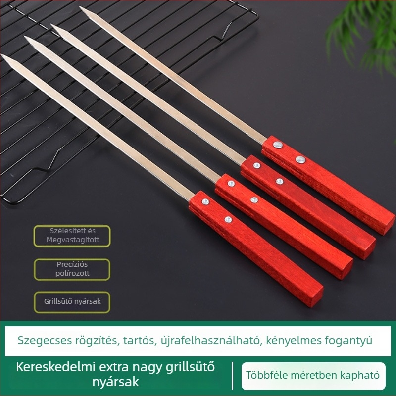 Rozsdamentes acél grillnyársak fával fogantyúval, szélesített vastag lapos tüskék bárányhoz