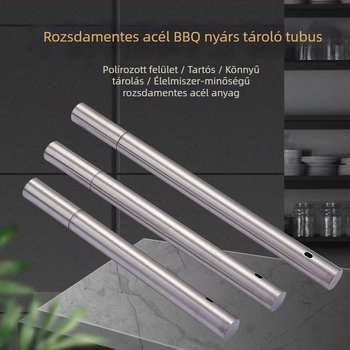 Új rozsdamentes acél grillnyársak tároló dobozzal és nagy tárolócsővel