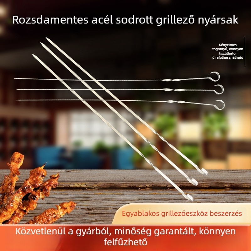 Rozsdamentes acélból készült kültéri grillnyársak, lapos, vastagított kivitel, kilencszeres csavart mintával, húsnyárshoz