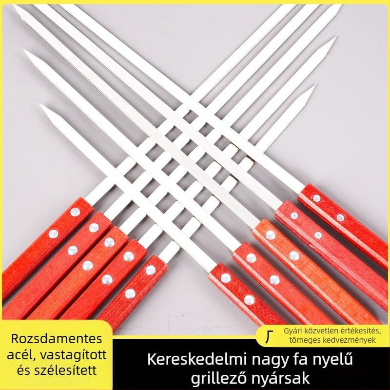 Grillnyársak négyszögletes fa markolattal, rozsdamentes acél lapos nyársak háztartási és professzionális használatra