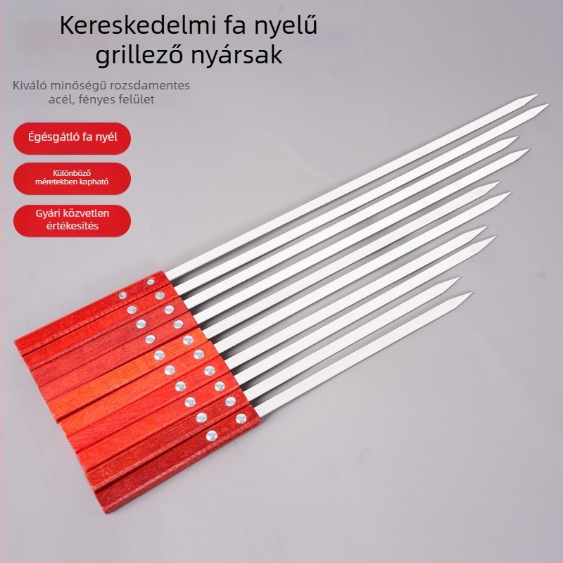Grillnyársak négyszögletes fa markolattal, rozsdamentes acél lapos nyársak háztartási és professzionális használatra