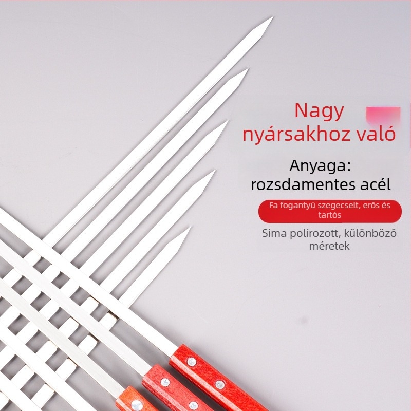Grillnyársak négyszögletes fa markolattal, rozsdamentes acél lapos nyársak háztartási és professzionális használatra