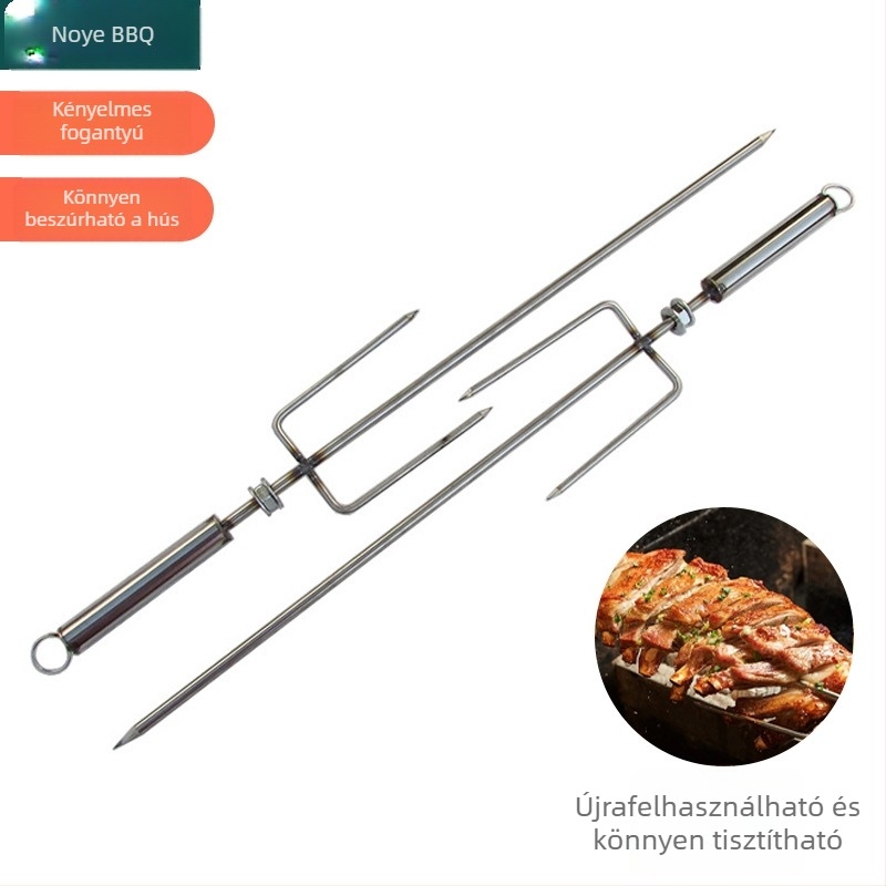 Rozsdamentes acél báránycomb sütőnyársak, kereskedelmi forgónyársak grillsütőhöz, csirke- és nyúlnyársak vastag fa markolatokkal.