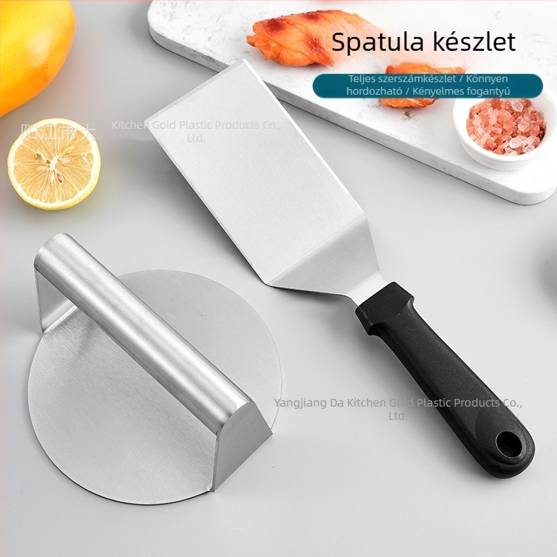 Rozsdamentes acélból készült grillsütő készlet spatulával, kefével és egyéb eszközökkel – húsprés forma