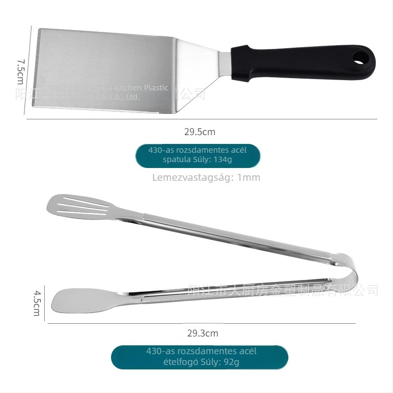 Rozsdamentes acélból készült grillsütő készlet spatulával, kefével és egyéb eszközökkel – húsprés forma