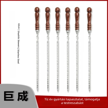 Rozsdamentes acél lapos nyársak, hosszú és vastagok, fa fogantyúval, shashlik készlet