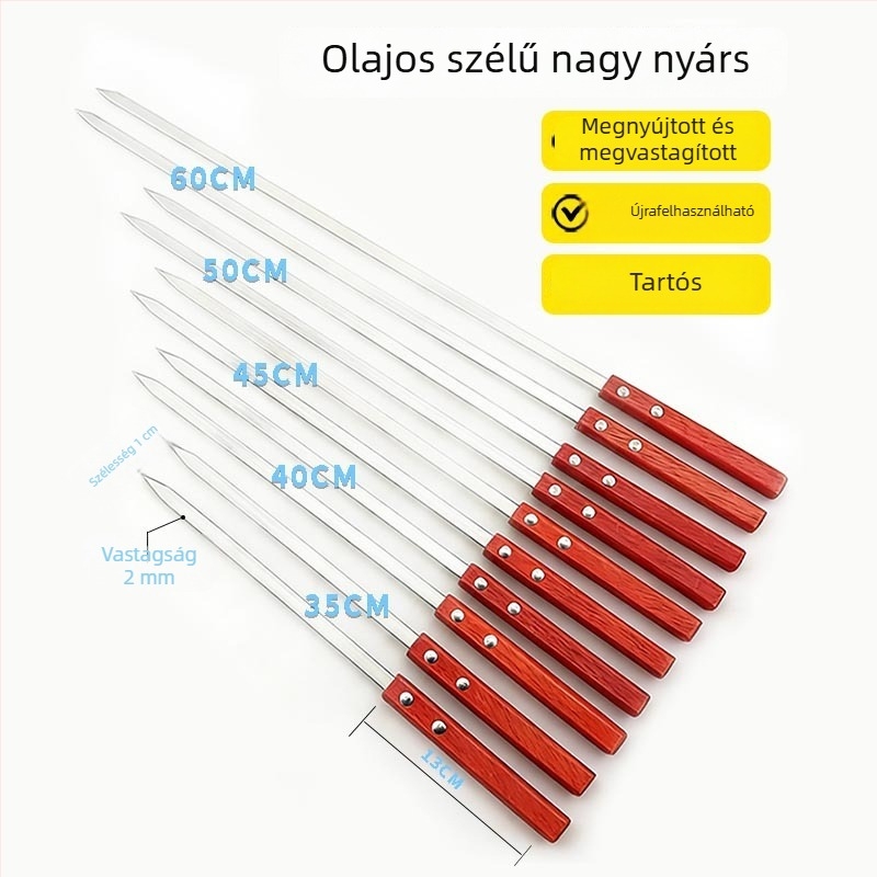 Személyre szabott grillnyársak fa fogantyúval, rozsdamentes lapos nyársak, nagy nyársak bárány kebabhoz