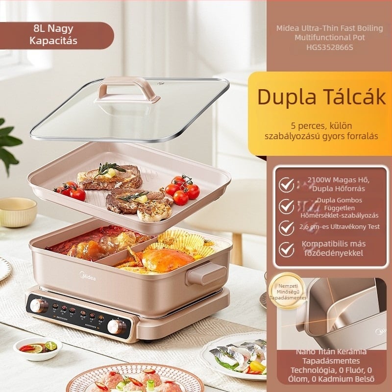 Midea ultra vékony elektromos forró fazék gyorsforralóval, 8 literes, osztott Yin-Yang edény, többfunkciós, LCD kijelző