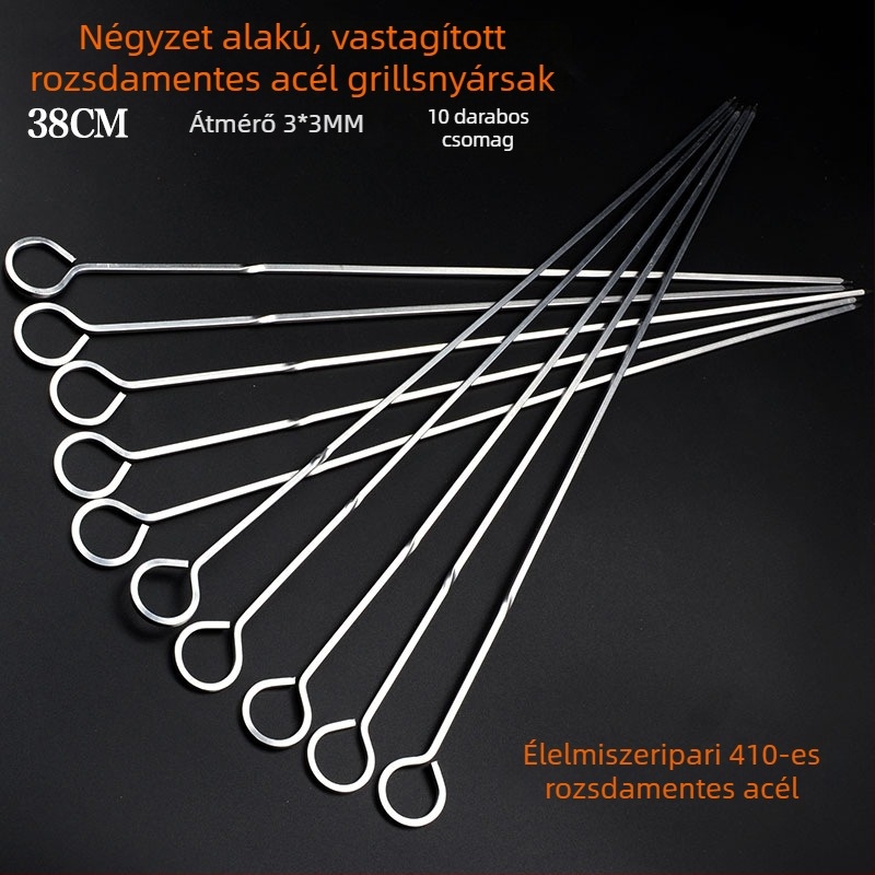 410-es rozsdamentes acél grillnyársak, négyszögletesek bárányhoz, kör- és négyszög végűek, 10 db
