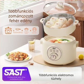 Sast otthoni és kollégiumi használatra szánt elektromos főzőedény, kapacitás 2.1–4 L, többfunkciós mindent-egyben edény, két szint dizájn, belső kerámia bevonatú edény, gombos vezérlés, gyors gőzölés, modell SM-8132G, krémszínű