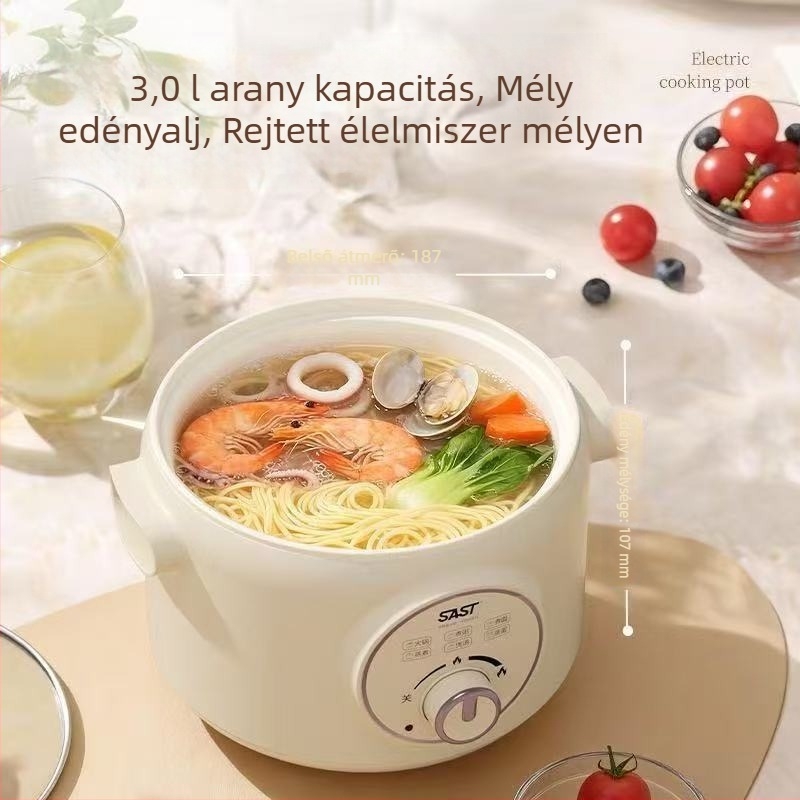 Sast otthoni és kollégiumi használatra szánt elektromos főzőedény, kapacitás 2.1–4 L, többfunkciós mindent-egyben edény, két szint dizájn, belső kerámia bevonatú edény, gombos vezérlés, gyors gőzölés, modell SM-8132G, krémszínű