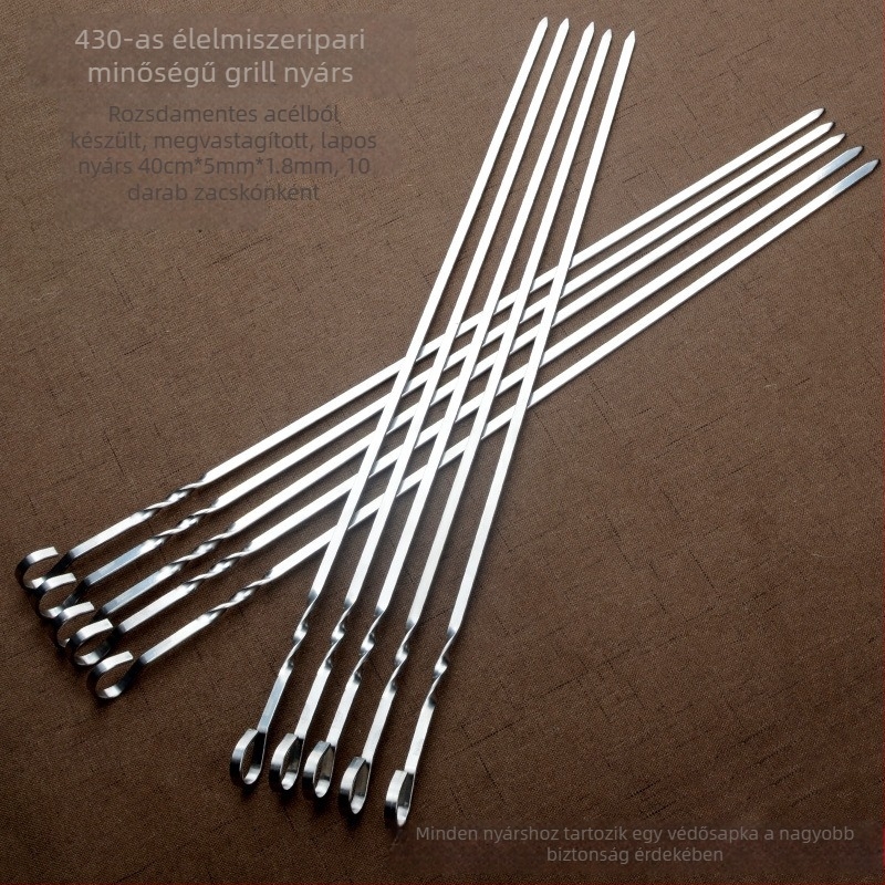Rozsdamentes acél grillnyársak, 40 cm, vastagított, sík kivitel, újrafelhasználható, 430 rozsdamentes acél