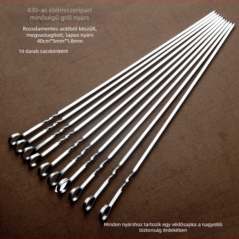 Rozsdamentes acél grillnyársak, 40 cm, vastagított, sík kivitel, újrafelhasználható, 430 rozsdamentes acél