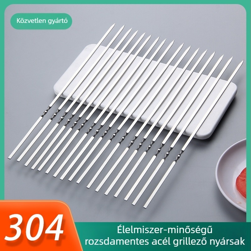 304 rozsdamentes acél grillnyársak, vast, lapos kebabnyársak, élelmiszerbiztonsági minőség