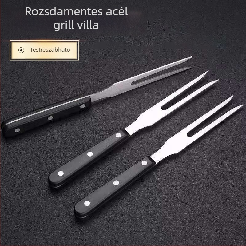 Rozsdamentes acélból készült, egy darabból, hosszú nyeletű villa tölgyfa fogantyúval grillhez