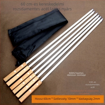 60 cm hosszú rozsdamentes acél nyársak fa nyéllel – grillhez, nagy lapos nyársak bárányhoz