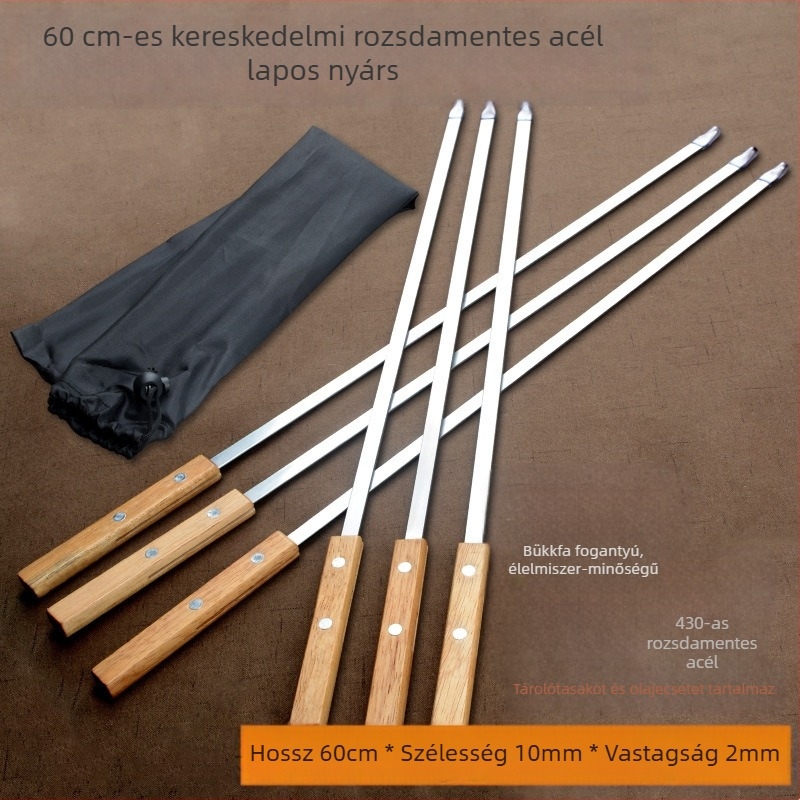 60 cm hosszú rozsdamentes acél nyársak fa nyéllel – grillhez, nagy lapos nyársak bárányhoz