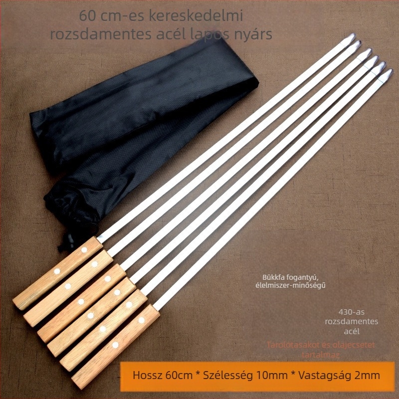 60 cm hosszú rozsdamentes acél nyársak fa nyéllel – grillhez, nagy lapos nyársak bárányhoz
