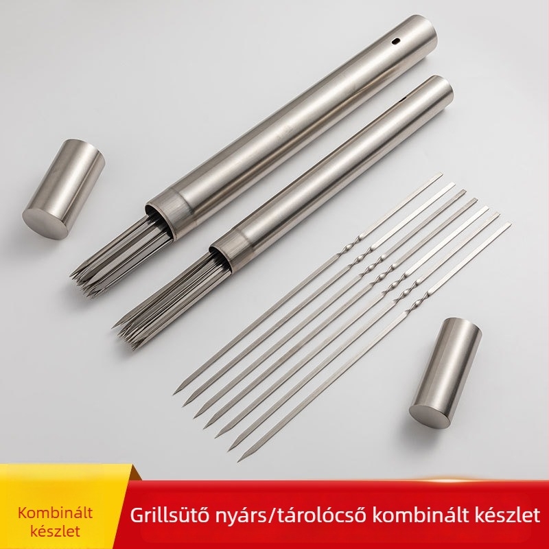 Rozsdamentes acél BBQ nyársak készlet tároló dobozzal — nyársak, grilltűk és villák