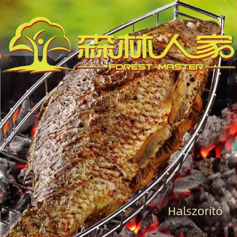 Hal alakú rozsdamentes acél grillháló, fa nyelű