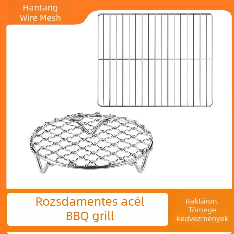 Rozsdamentes acél grillháló – téglalap alakú huzalozott háló, hordozható kör grillrács