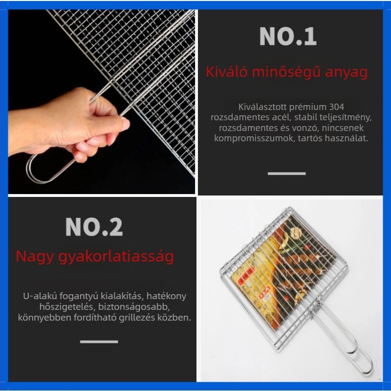 Rozsdamentes acél, élelmiszer-minőségű, négyszögletes grillhálós csipesz halhoz, burgonyához és zöldségekhez