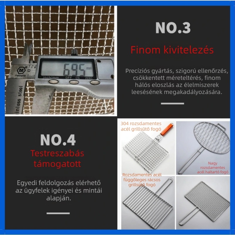 Rozsdamentes acél, élelmiszer-minőségű, négyszögletes grillhálós csipesz halhoz, burgonyához és zöldségekhez