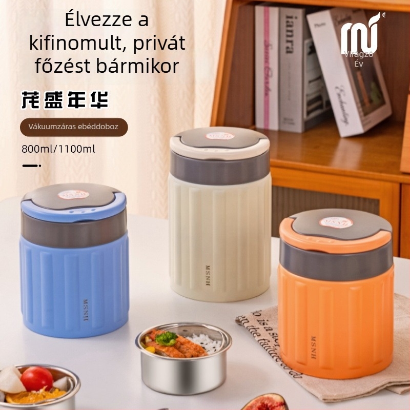 304 rozsdamentes acélból készült vákuum-izolált ebédes doboz, hordozható Bento doboz, 800–1000 ml, diákoknak és irodai dolgozóknak