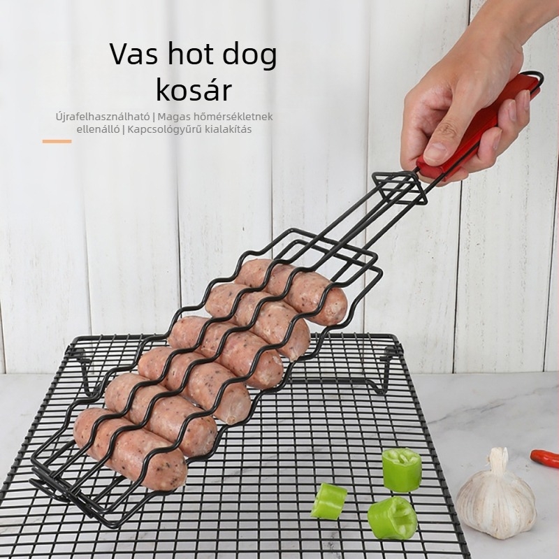 Kültéri hot dog fogó fa nyéllel, tapadásmentes felülettel, elektroplatinált grillrács, többfunkciós kemping BBQ eszköz