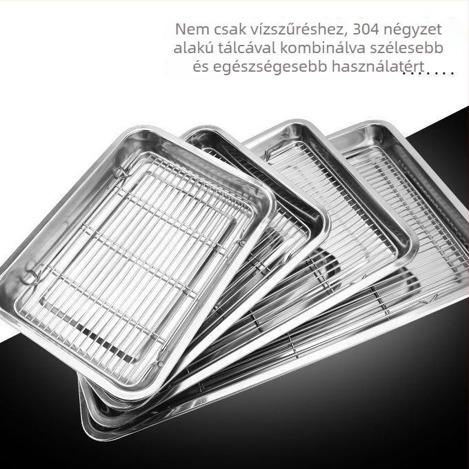 304 rozsdamentes acél grillrács lábbal, hálóval, négyzet alakú tálcával és szűrő tálcával – sütőhöz
