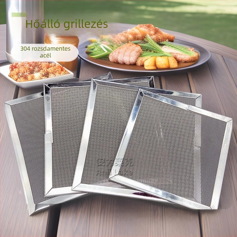 Rozsdamentes acél négyszögletes grillrács kültéri használatra, hordozható, hőálló, könnyen tisztítható, tapadásmentes