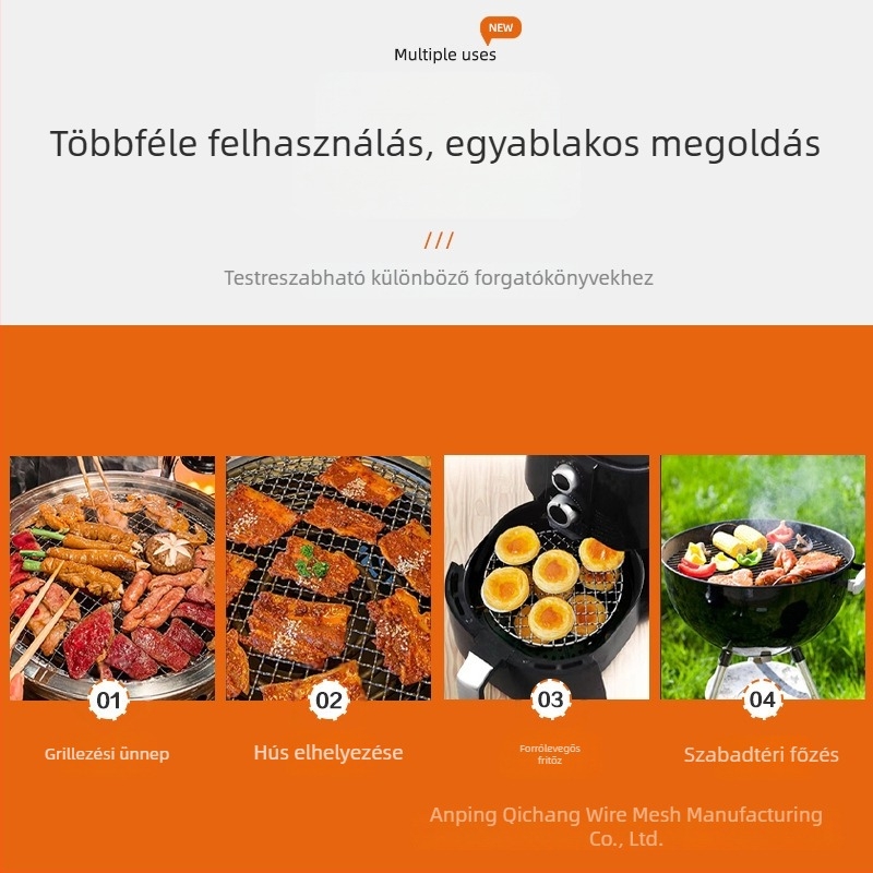 Kerek rozsdamentes acél grillháló vastagított éllel, szénhez való grillsütőhöz