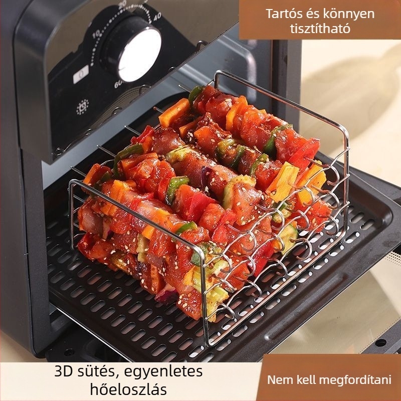 Rozsdamentes acél grillrács légsütőhöz és sütőhöz, háromdimenziós nyárs tartóval, háromrétegű grill