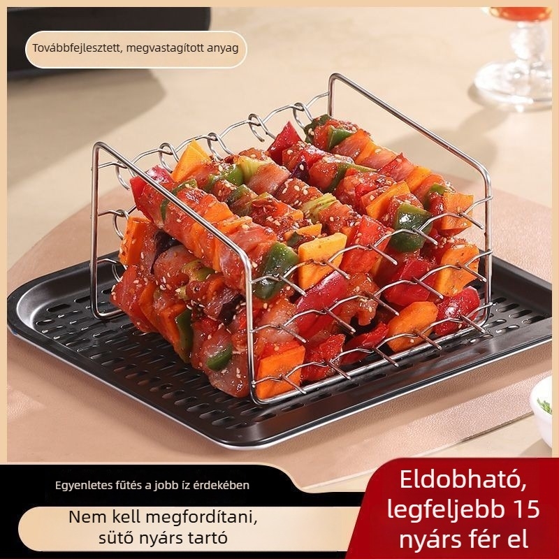 Rozsdamentes acél grillrács légsütőhöz és sütőhöz, háromdimenziós nyárs tartóval, háromrétegű grill