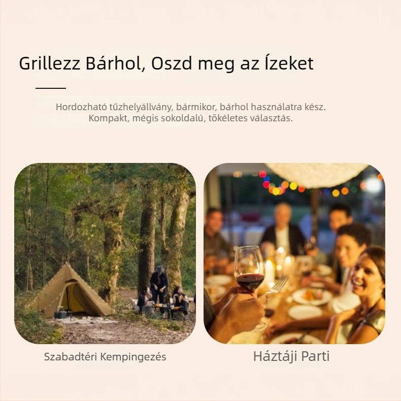 Hordozható, összecsukható rozsdamentes acél grillállvány tálcával és fazekatartóval