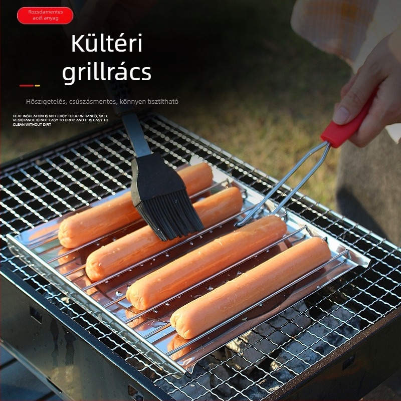 Összecsukható négyszögletes grillrács szabadban – rozsdamentes acél, tapadásmentes bevonat, többfunkciós grill eszköz húsokhoz és kolbászokhoz