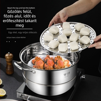 304 rozsdamentes acélból készült kétszintes gőzölőedény, vastított, multifunkciós edény indukciós főzőlaphoz és otthoni levesekhez