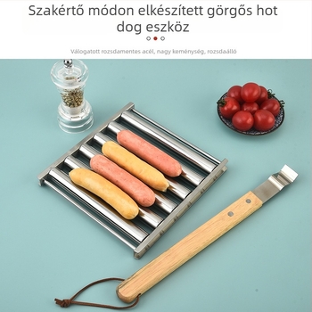 Eltávolítható rozsdamentes acél kolbásztartó fa fogantyúval, kültéri grillsütőhöz
