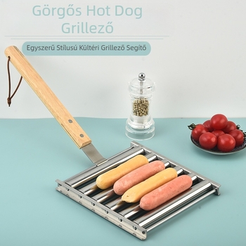 Eltávolítható rozsdamentes acél kolbásztartó fa fogantyúval, kültéri grillsütőhöz