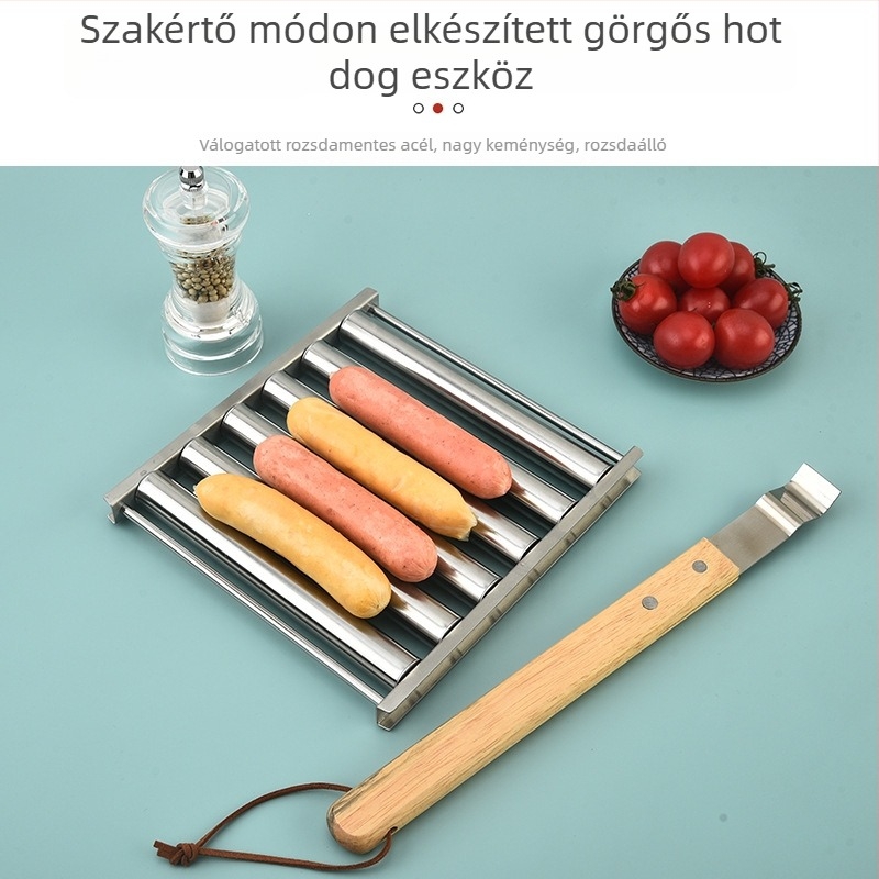 Eltávolítható rozsdamentes acél kolbásztartó fa fogantyúval, kültéri grillsütőhöz