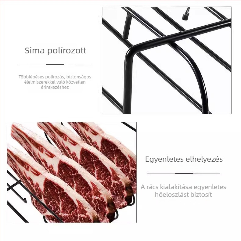 Hordozható vas grillrács tapadásmentes bevonattal – báránybordákhoz, steakhez és csirkéhez, kültéri grillezéshez