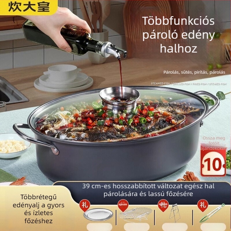 Ovális, multifunkciós párolóedény háztartási használatra, ideális tengeri ételek és halak párolására, mély párolóedény nagy kapacitással