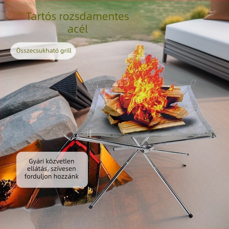 Összecsukható tábortűz tartó rozsdamentes acélból, kemping grill és rács, faszénfűtőeszköz