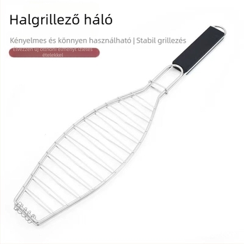 Rozsdamentes acél halcsipesz grillezéshez – hal formájú grillrács fa fogantyúval, nehéz kivitel