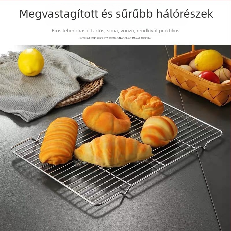 Rozsdamentes acélból készült téglalap alakú grillsütő rács olajleeresztő hálóval és nyársakkal, hordozható